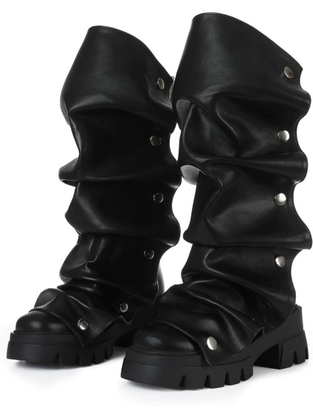 Women's Black Slouchy Fold Over Fashion Chunky Heel Non-Slip Wide Calf Boots